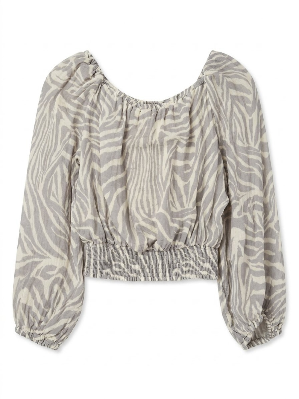 MICHAEL STARS Sheer Gray Zebra Print Smocked Balloon Sleeve Cropped Top | L